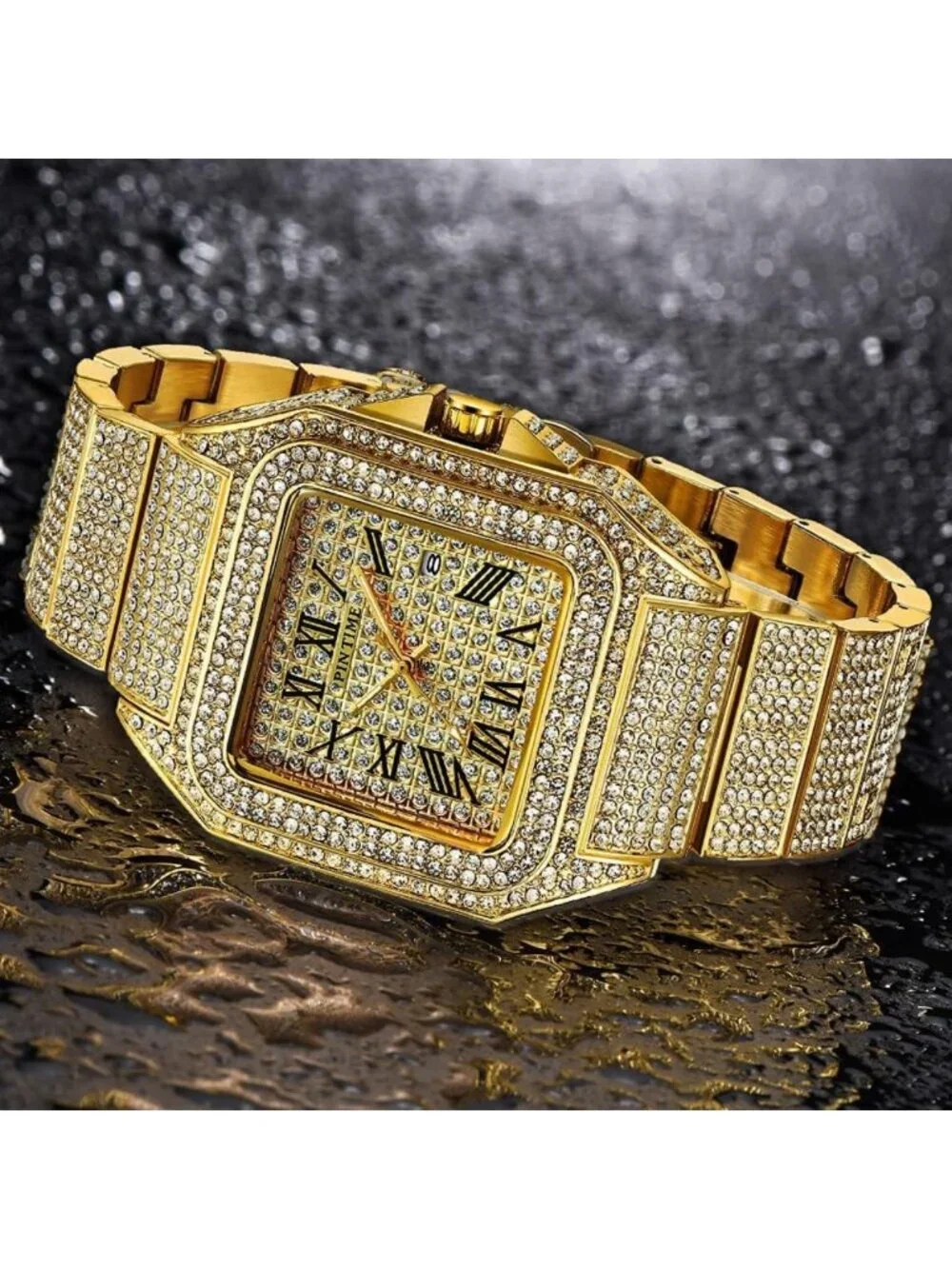 Stylish Hip Hop Men's Bling Crystal Watch - Rectangle Case, Stainless Steel